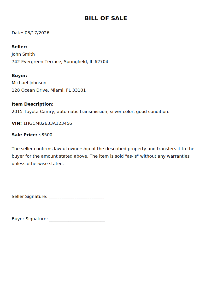 Bill of Sale Template USA PDF example